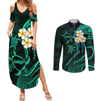 Polynesian Hawaii Couples Summer Maxi Dress and Long Sleeve Button Shirts Molokai Islands with Pacific Plumeria Turquoise Vibe LT9 - Wonder Print Shop