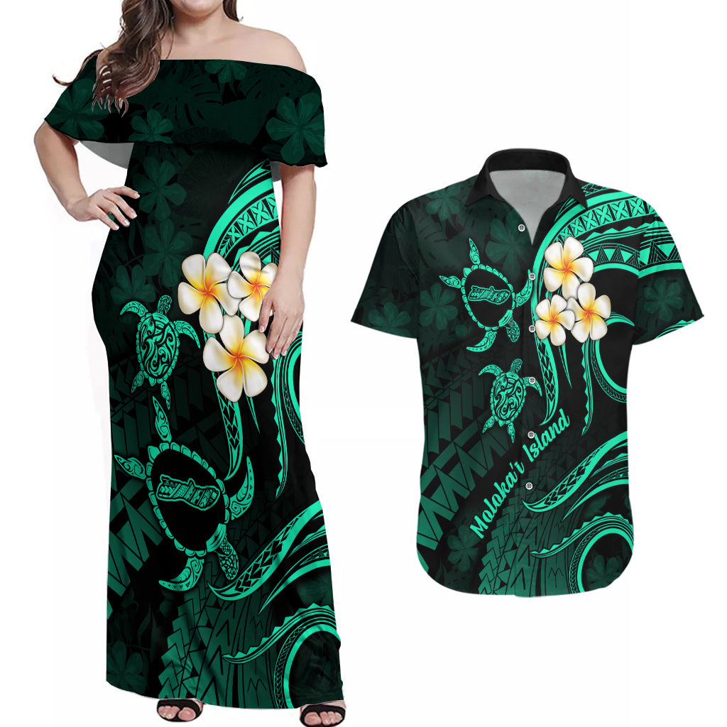 Polynesian Hawaii Couples Off Shoulder Maxi Dress and Hawaiian Shirt Molokai Islands with Pacific Plumeria Turquoise Vibe LT9 - Wonder Print Shop