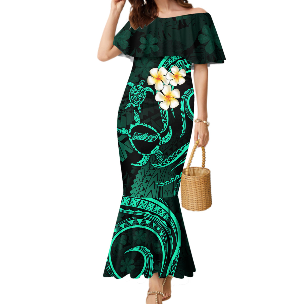 Polynesian Hawaii Mermaid Dress Molokai Islands with Pacific Plumeria Turquoise Vibe - Wonder Print Shop