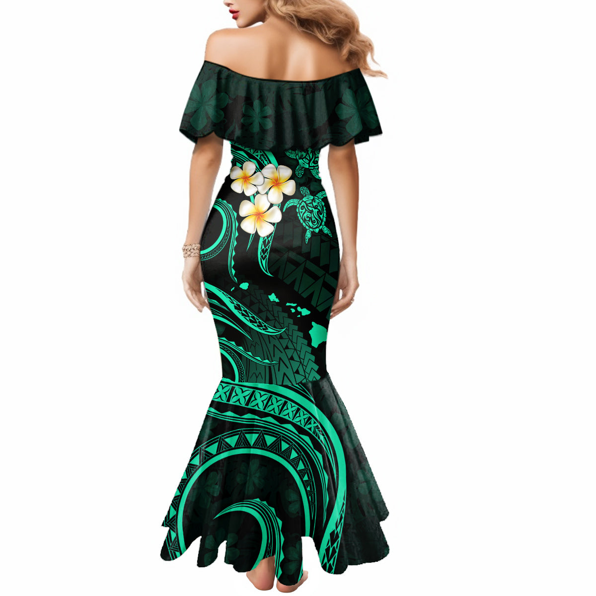 Polynesian Hawaii Mermaid Dress Molokai Islands with Pacific Plumeria Turquoise Vibe - Wonder Print Shop