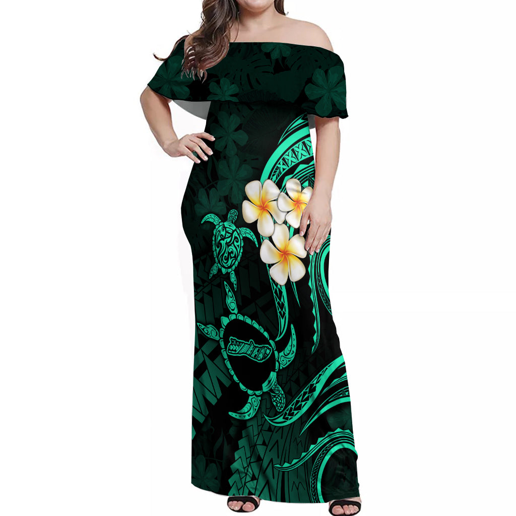 Polynesian Hawaii Off Shoulder Maxi Dress Molokai Islands with Pacific Plumeria Turquoise Vibe - Wonder Print Shop
