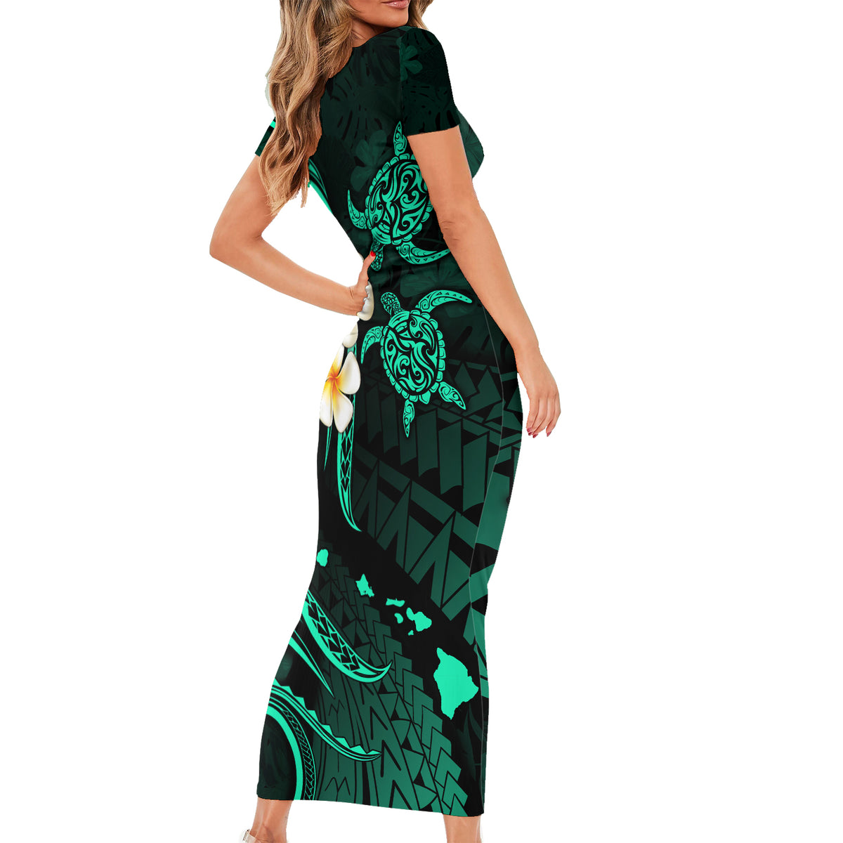 Polynesian Hawaii Short Sleeve Bodycon Dress Molokai Islands with Pacific Plumeria Turquoise Vibe - Wonder Print Shop