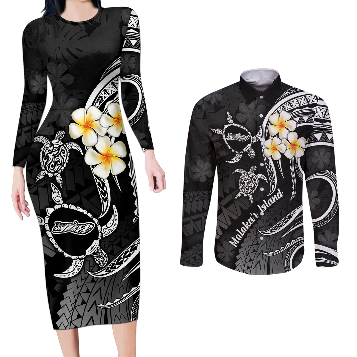 Polynesian Hawaii Couples Long Sleeve Bodycon Dress and Long Sleeve Button Shirts Molokai Islands with Pacific Plumeria White Vibe LT9 - Wonder Print Shop