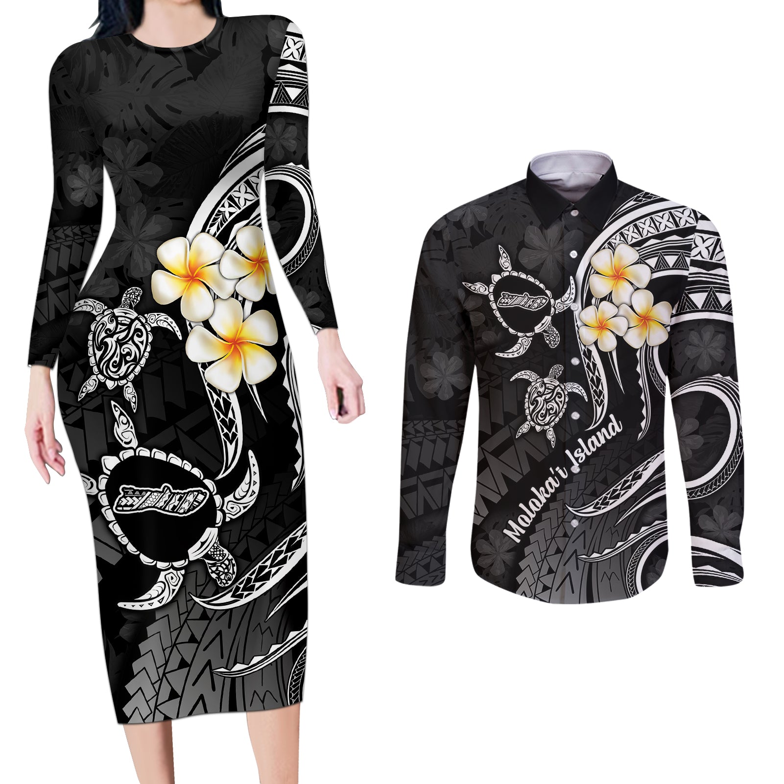 Polynesian Hawaii Couples Long Sleeve Bodycon Dress and Long Sleeve Button Shirts Molokai Islands with Pacific Plumeria White Vibe LT9 - Wonder Print Shop
