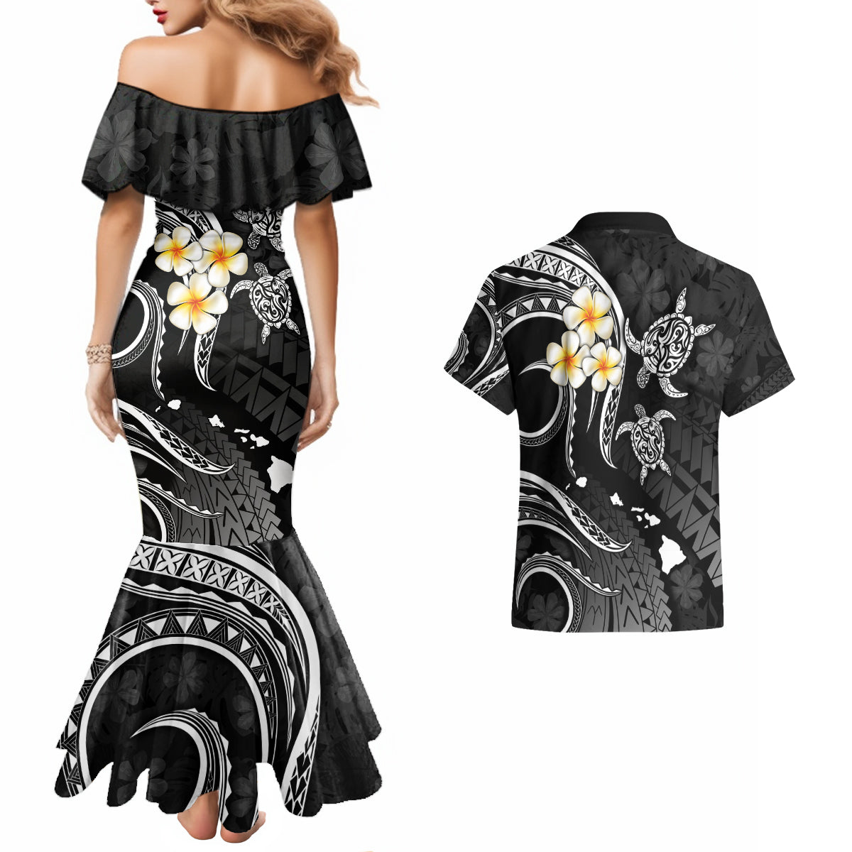Polynesian Hawaii Couples Mermaid Dress And Hawaiian Shirt Molokai Islands with Pacific Plumeria White Vibe LT9 - Wonder Print Shop