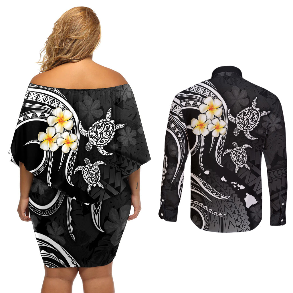Polynesian Hawaii Couples Off Shoulder Short Dress and Long Sleeve Button Shirts Molokai Islands with Pacific Plumeria White Vibe LT9 - Wonder Print Shop