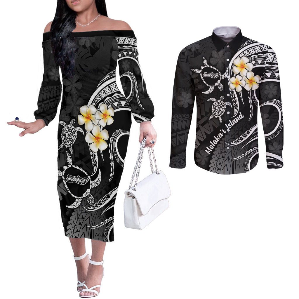 polynesian-hawaii-couples-off-the-shoulder-long-sleeve-dress-and-long-sleeve-button-shirts-molokai-islands-with-pacific-plumeria-white-vibe