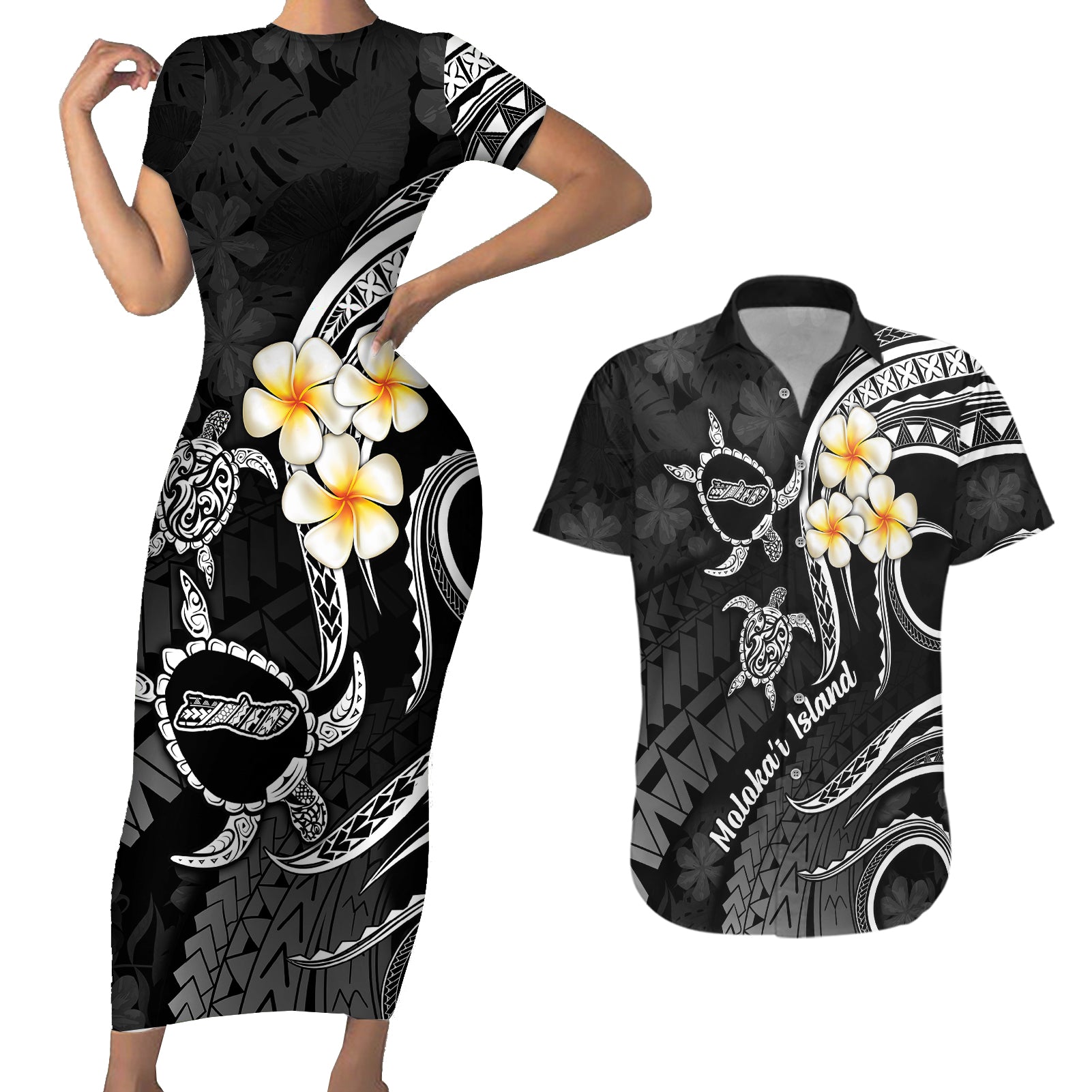 Polynesian Hawaii Couples Short Sleeve Bodycon Dress and Hawaiian Shirt Molokai Islands with Pacific Plumeria White Vibe LT9 - Wonder Print Shop
