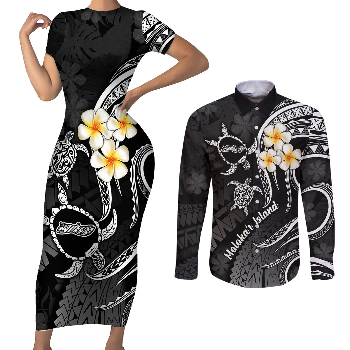 Polynesian Hawaii Couples Short Sleeve Bodycon Dress and Long Sleeve Button Shirts Molokai Islands with Pacific Plumeria White Vibe LT9 - Wonder Print Shop