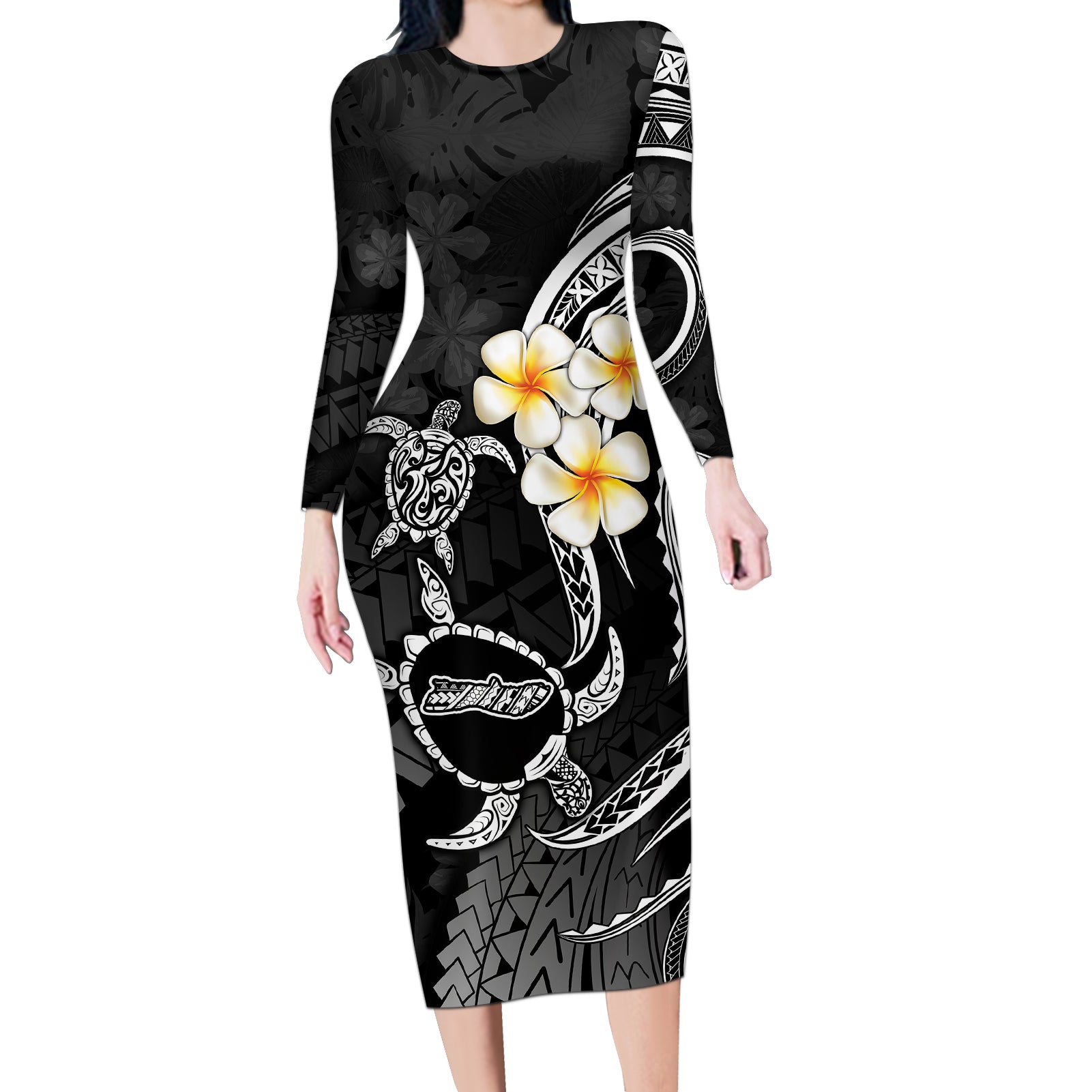 Polynesian Hawaii Long Sleeve Bodycon Dress Molokai Islands with Pacific Plumeria White Vibe - Wonder Print Shop