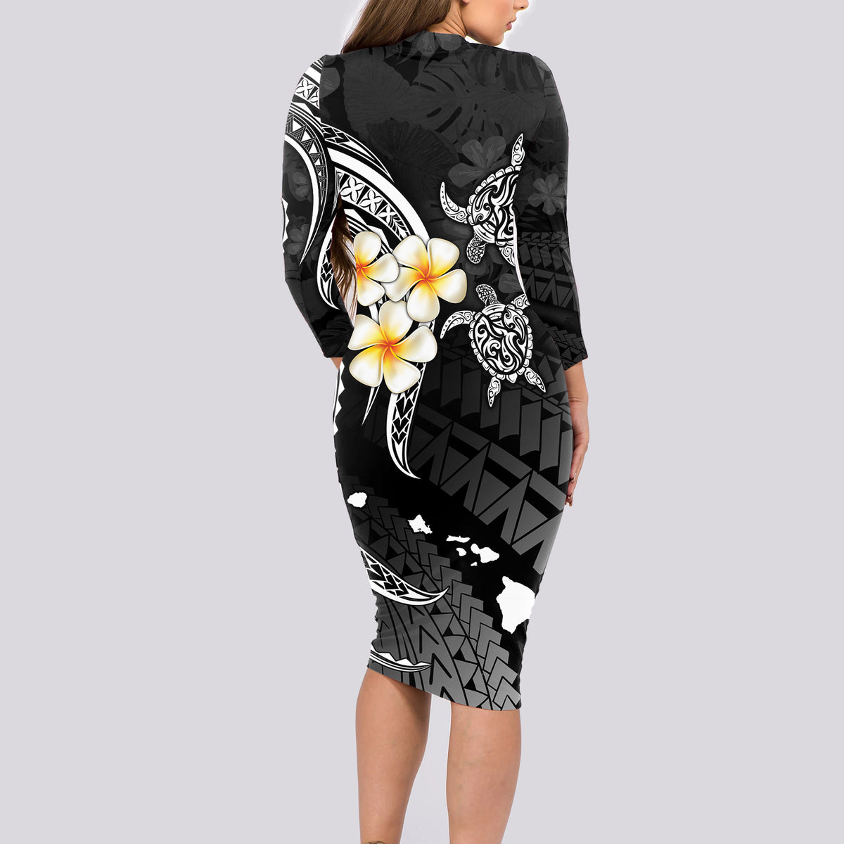 Polynesian Hawaii Long Sleeve Bodycon Dress Molokai Islands with Pacific Plumeria White Vibe - Wonder Print Shop