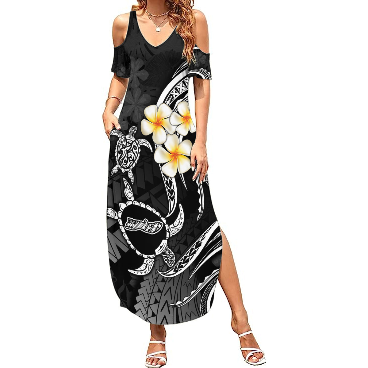 Polynesian Hawaii Summer Maxi Dress Molokai Islands with Pacific Plumeria White Vibe - Wonder Print Shop