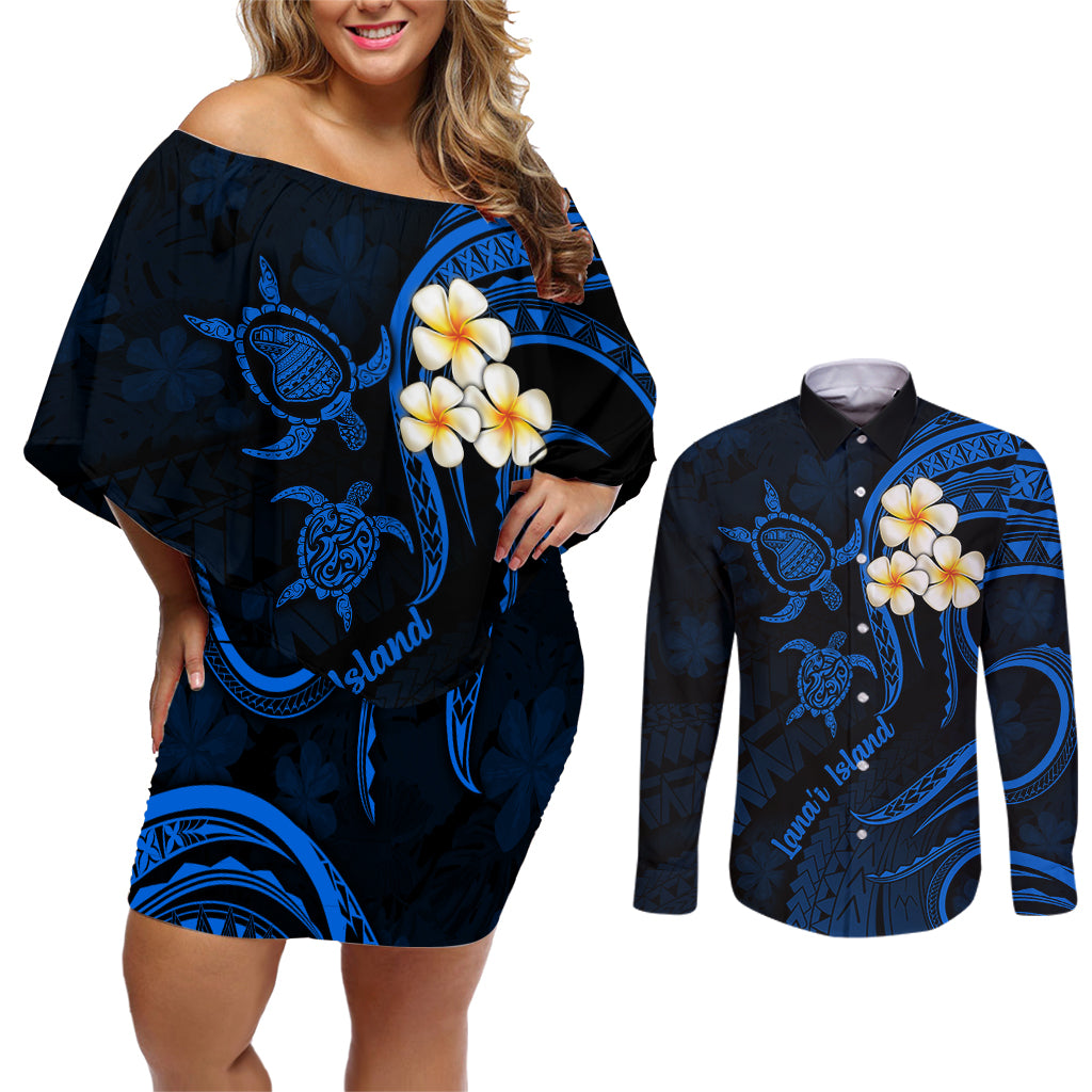 Hawaii Couples Off Shoulder Short Dress and Long Sleeve Button Shirts Lanai Islands Polynesian Sunset Plumeria Blue Vibe LT9 - Wonder Print Shop
