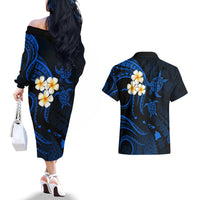 Hawaii Couples Off The Shoulder Long Sleeve Dress and Hawaiian Shirt Lanai Islands Polynesian Sunset Plumeria Blue Vibe LT9 - Wonder Print Shop