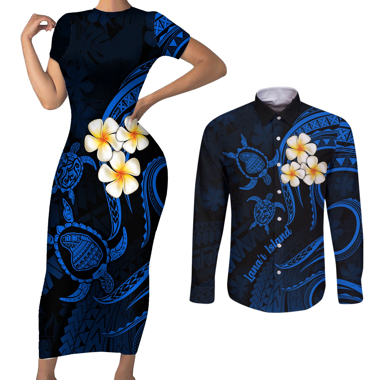 Hawaii Couples Short Sleeve Bodycon Dress and Long Sleeve Button Shirts Lanai Islands Polynesian Sunset Plumeria Blue Vibe LT9 - Wonder Print Shop