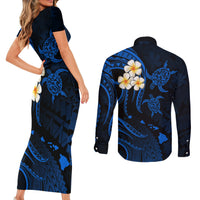 Hawaii Couples Short Sleeve Bodycon Dress and Long Sleeve Button Shirts Lanai Islands Polynesian Sunset Plumeria Blue Vibe LT9 - Wonder Print Shop