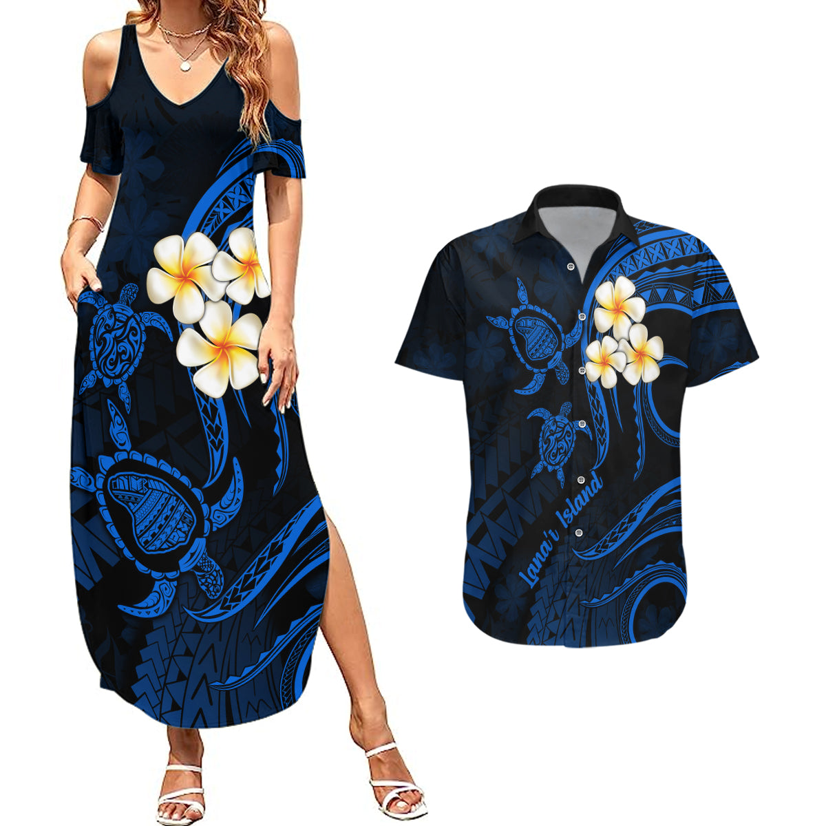 Hawaii Couples Summer Maxi Dress and Hawaiian Shirt Lanai Islands Polynesian Sunset Plumeria Blue Vibe LT9 - Wonder Print Shop