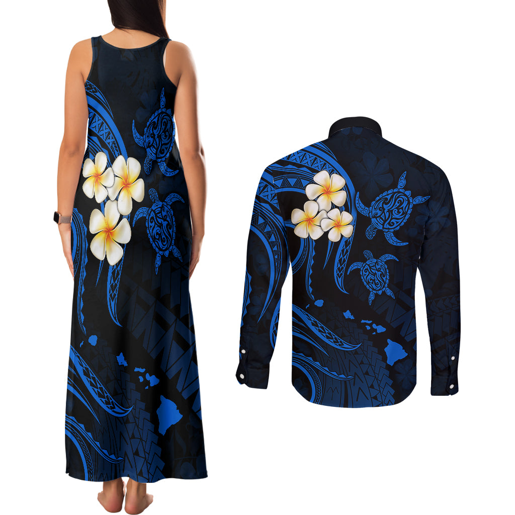 Hawaii Couples Matching Tank Maxi Dress and Long Sleeve Button Shirts Lanai Islands Polynesian Sunset Plumeria Blue Vibe LT9 - Wonder Print Shop