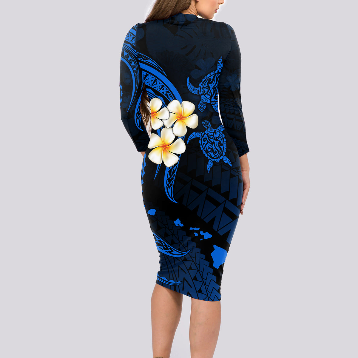 Hawaii Long Sleeve Bodycon Dress Lanai Islands Polynesian Sunset Plumeria Blue Vibe - Wonder Print Shop