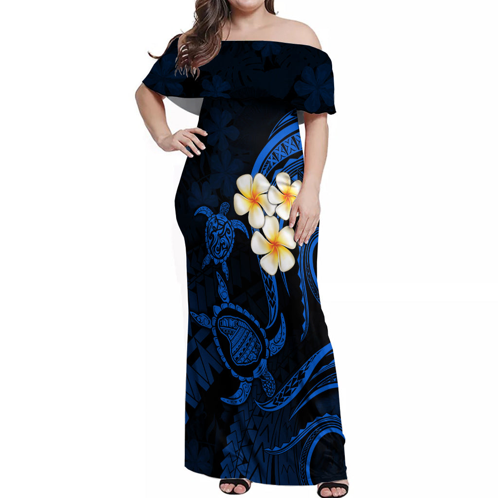 Hawaii Off Shoulder Maxi Dress Lanai Islands Polynesian Sunset Plumeria Blue Vibe - Wonder Print Shop