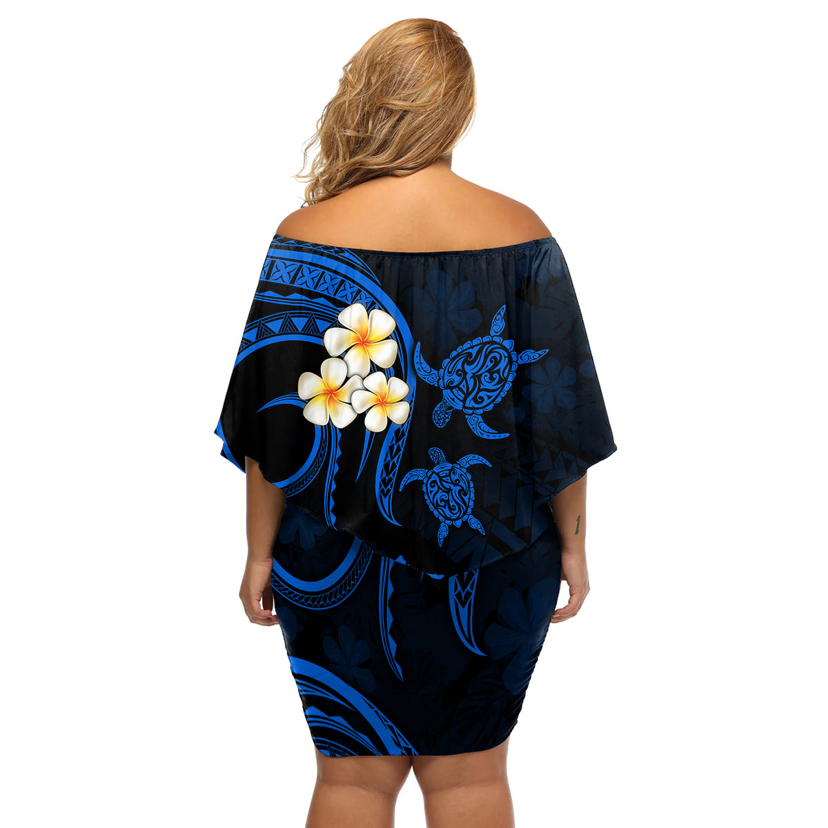 Hawaii Off Shoulder Short Dress Lanai Islands Polynesian Sunset Plumeria Blue Vibe - Wonder Print Shop