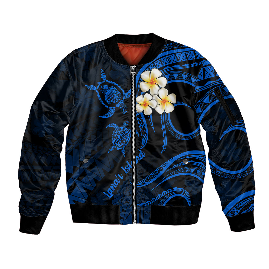 Hawaii Sleeve Zip Bomber Jacket Lanai Islands Polynesian Sunset Plumeria Blue Vibe - Wonder Print Shop
