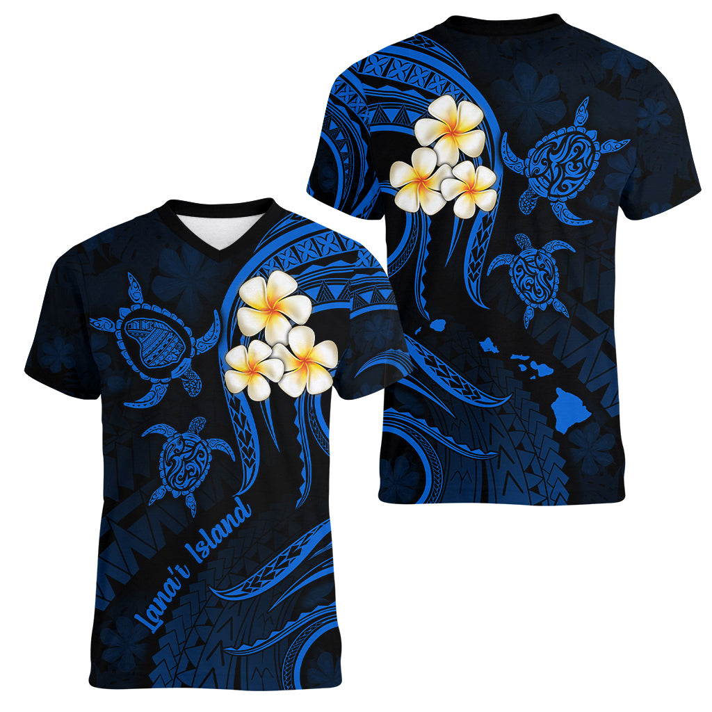 Hawaii Women V Neck T Shirt Lanai Islands Polynesian Sunset Plumeria Blue Vibe - Wonder Print Shop