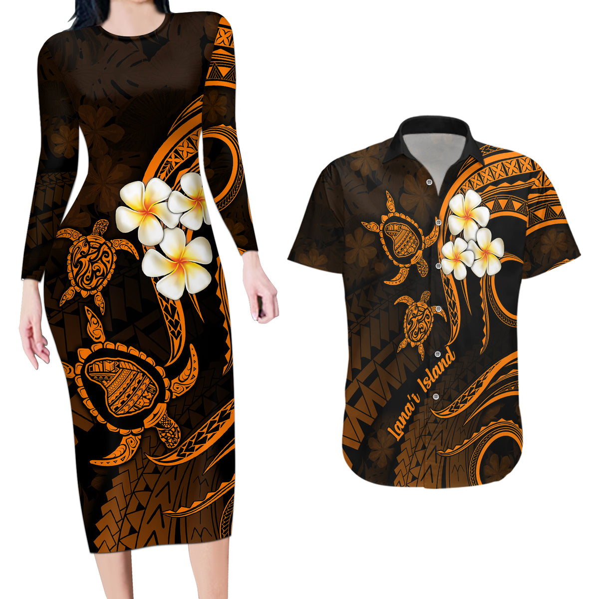 Hawaii Couples Long Sleeve Bodycon Dress and Hawaiian Shirt Lanai Islands Polynesian Sunset Plumeria Gold Vibe LT9 - Wonder Print Shop