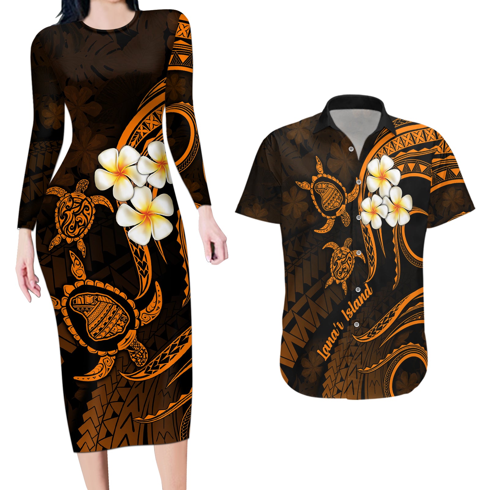 Hawaii Couples Long Sleeve Bodycon Dress and Hawaiian Shirt Lanai Islands Polynesian Sunset Plumeria Gold Vibe LT9 - Wonder Print Shop