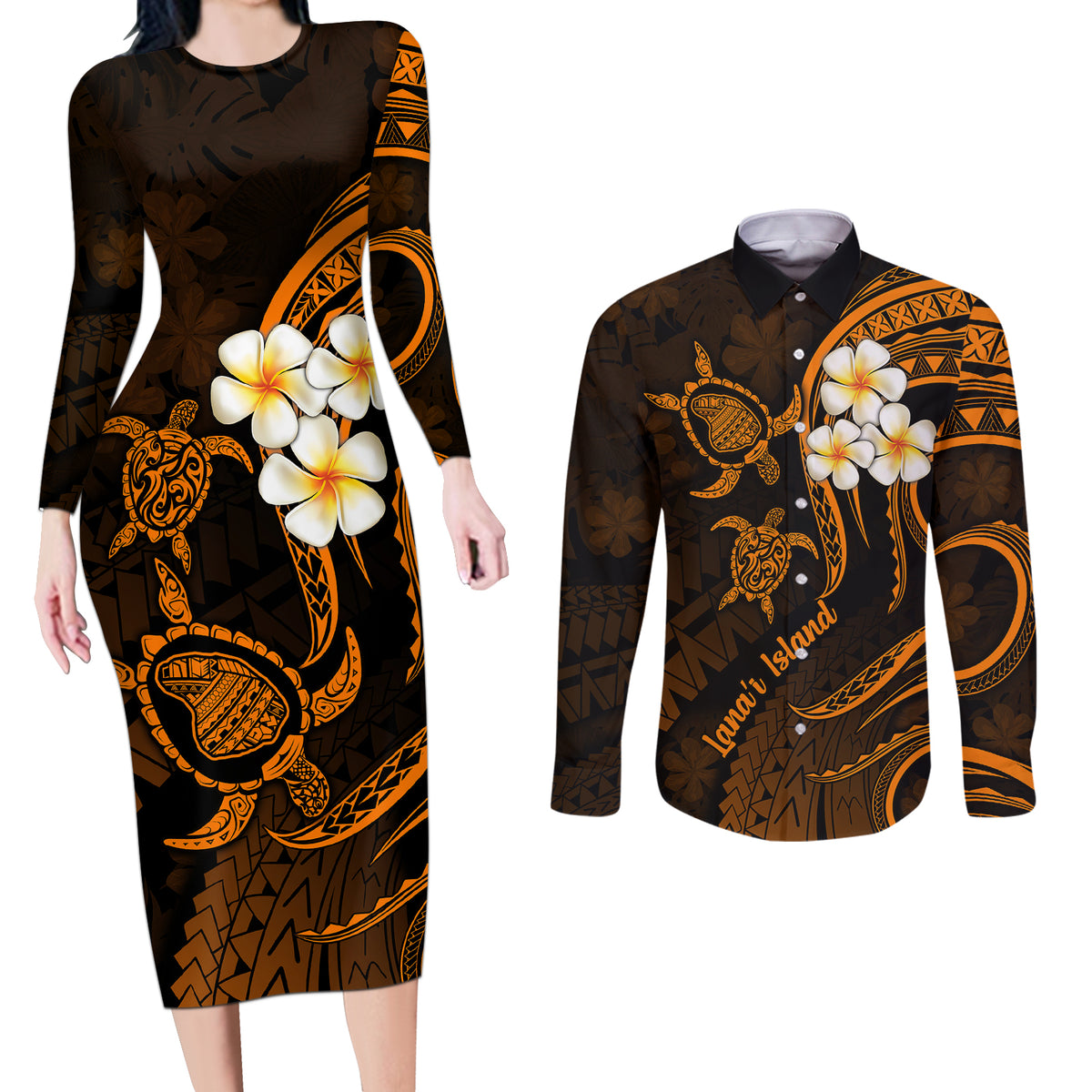 Hawaii Couples Long Sleeve Bodycon Dress and Long Sleeve Button Shirts Lanai Islands Polynesian Sunset Plumeria Gold Vibe LT9 - Wonder Print Shop