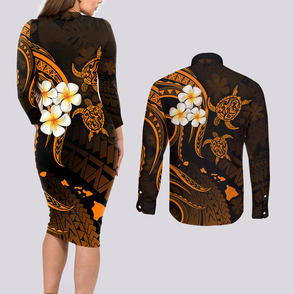 Hawaii Couples Long Sleeve Bodycon Dress and Long Sleeve Button Shirts Lanai Islands Polynesian Sunset Plumeria Gold Vibe LT9 - Wonder Print Shop