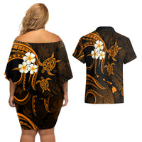 Hawaii Couples Off Shoulder Short Dress and Hawaiian Shirt Lanai Islands Polynesian Sunset Plumeria Gold Vibe LT9 - Wonder Print Shop