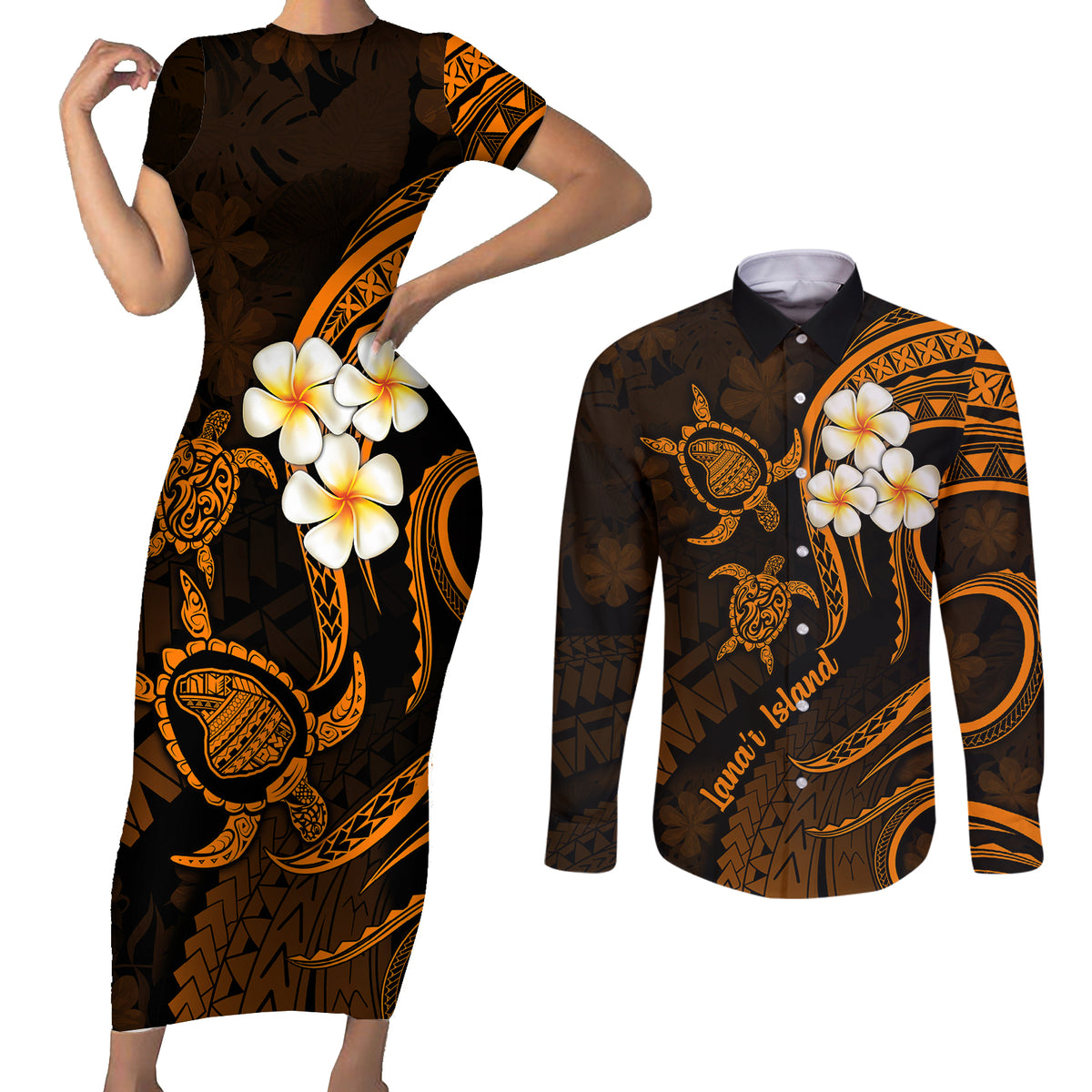 Hawaii Couples Short Sleeve Bodycon Dress and Long Sleeve Button Shirts Lanai Islands Polynesian Sunset Plumeria Gold Vibe LT9 - Wonder Print Shop