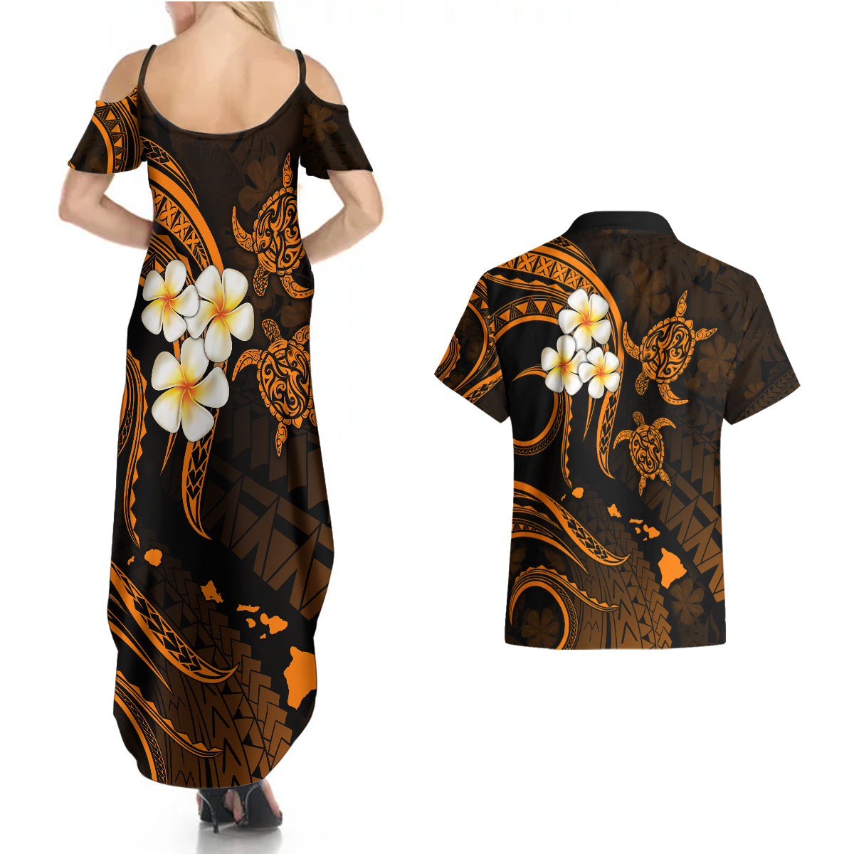 Hawaii Couples Summer Maxi Dress and Hawaiian Shirt Lanai Islands Polynesian Sunset Plumeria Gold Vibe LT9 - Wonder Print Shop