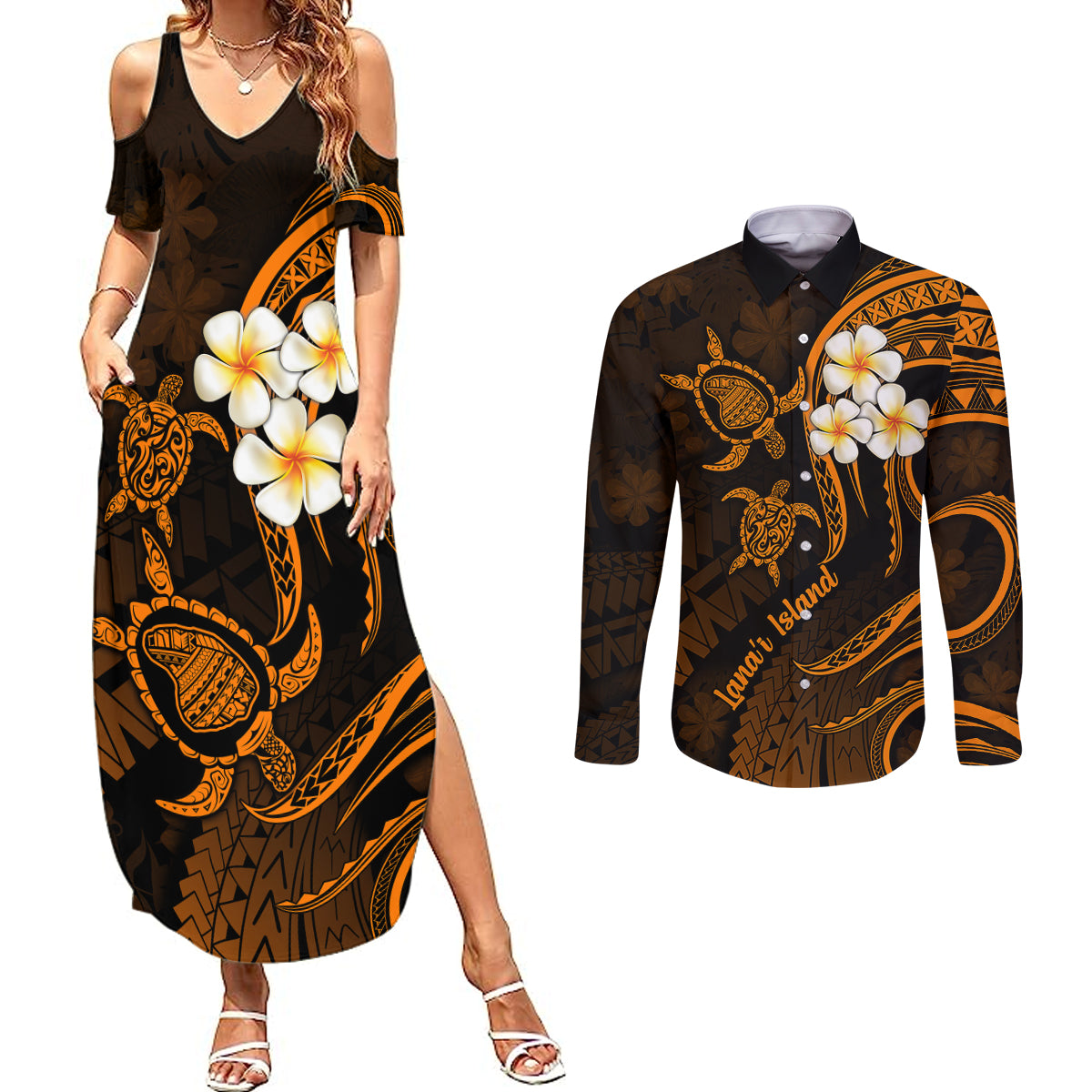 Hawaii Couples Summer Maxi Dress and Long Sleeve Button Shirts Lanai Islands Polynesian Sunset Plumeria Gold Vibe LT9 - Wonder Print Shop