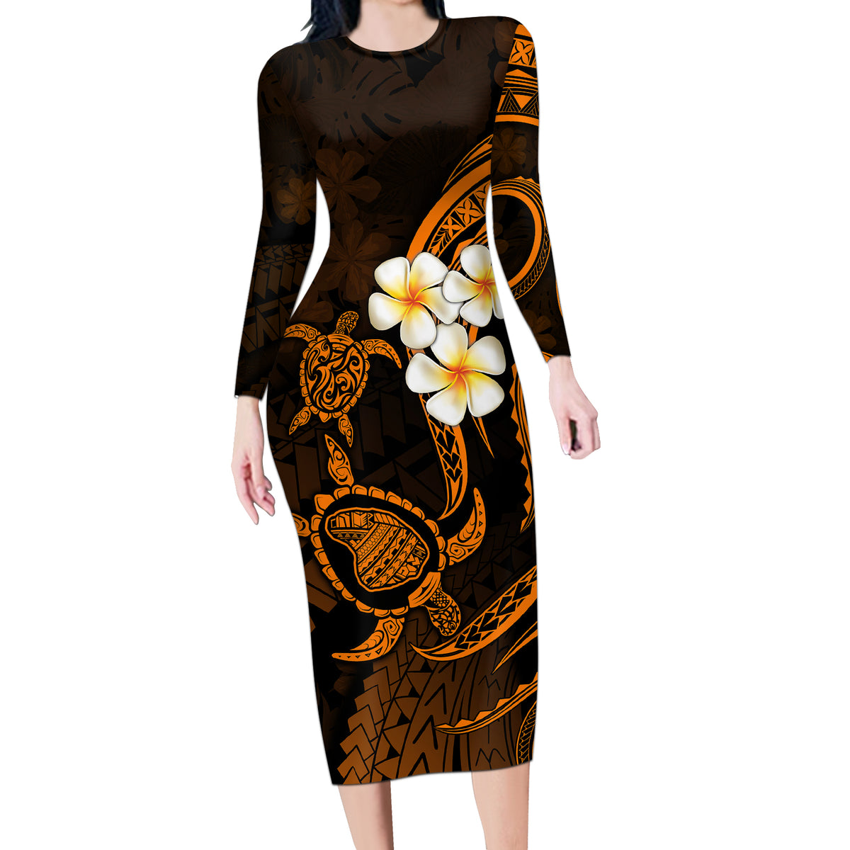 Hawaii Long Sleeve Bodycon Dress Lanai Islands Polynesian Sunset Plumeria Gold Vibe - Wonder Print Shop