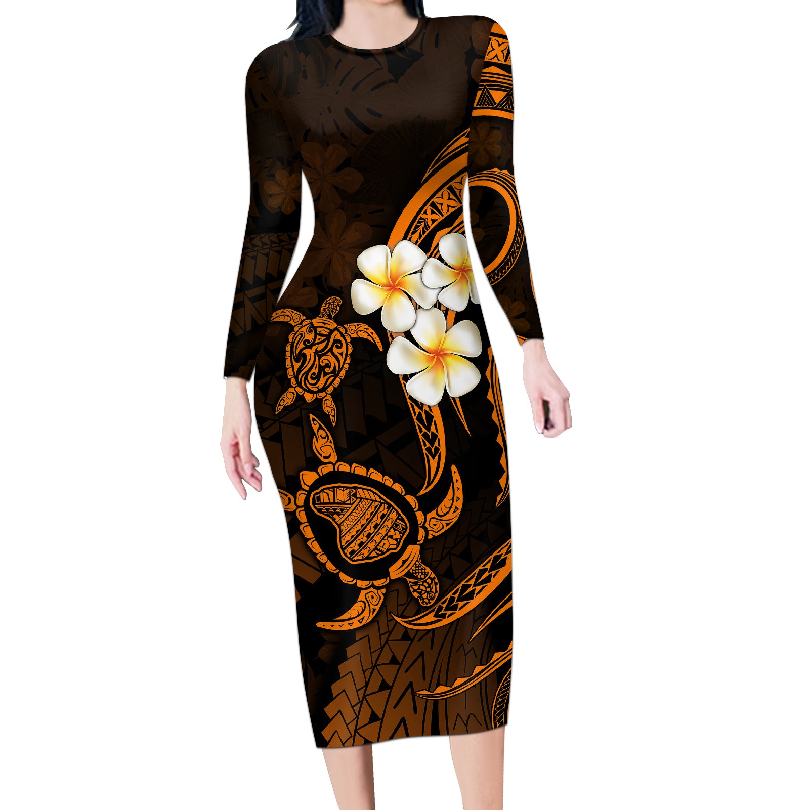 Hawaii Long Sleeve Bodycon Dress Lanai Islands Polynesian Sunset Plumeria Gold Vibe - Wonder Print Shop