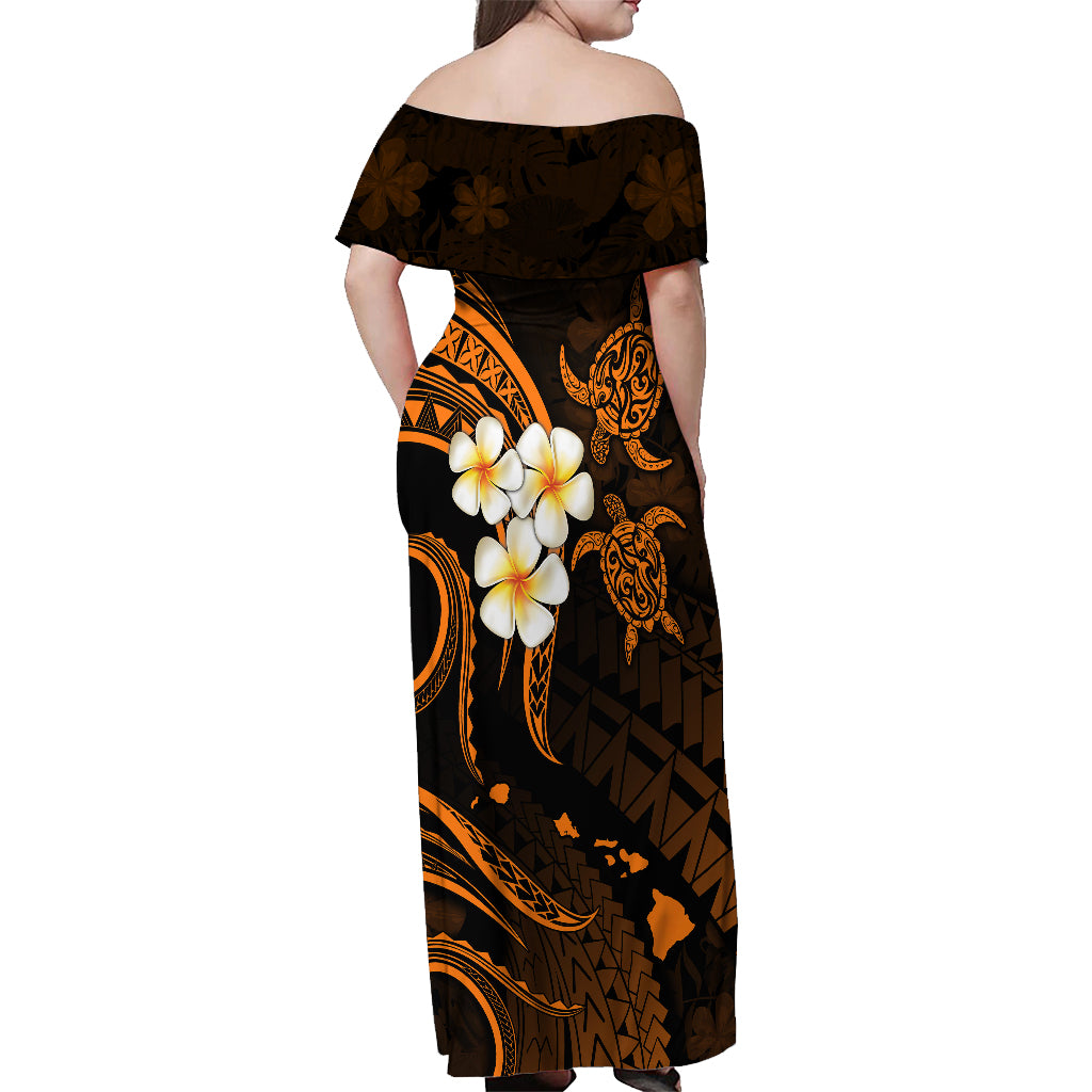 Hawaii Off Shoulder Maxi Dress Lanai Islands Polynesian Sunset Plumeria Gold Vibe - Wonder Print Shop