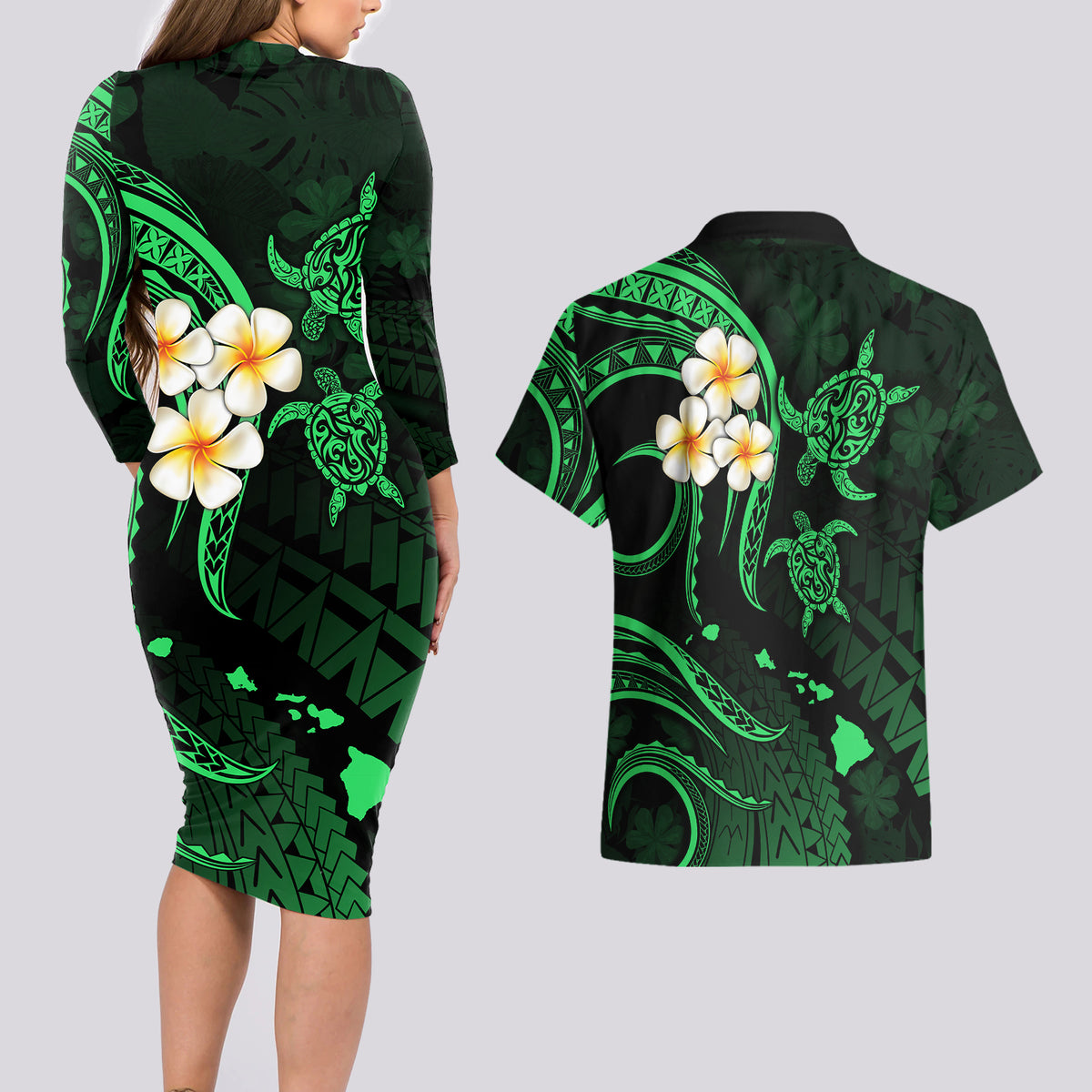 Hawaii Couples Long Sleeve Bodycon Dress and Hawaiian Shirt Lanai Islands Polynesian Sunset Plumeria Green Vibe LT9 - Wonder Print Shop