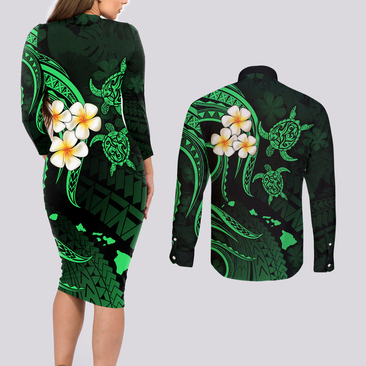 Hawaii Couples Long Sleeve Bodycon Dress and Long Sleeve Button Shirts Lanai Islands Polynesian Sunset Plumeria Green Vibe LT9 - Wonder Print Shop