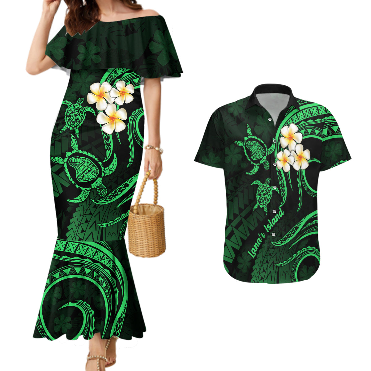 Hawaii Couples Mermaid Dress And Hawaiian Shirt Lanai Islands Polynesian Sunset Plumeria Green Vibe LT9 - Wonder Print Shop