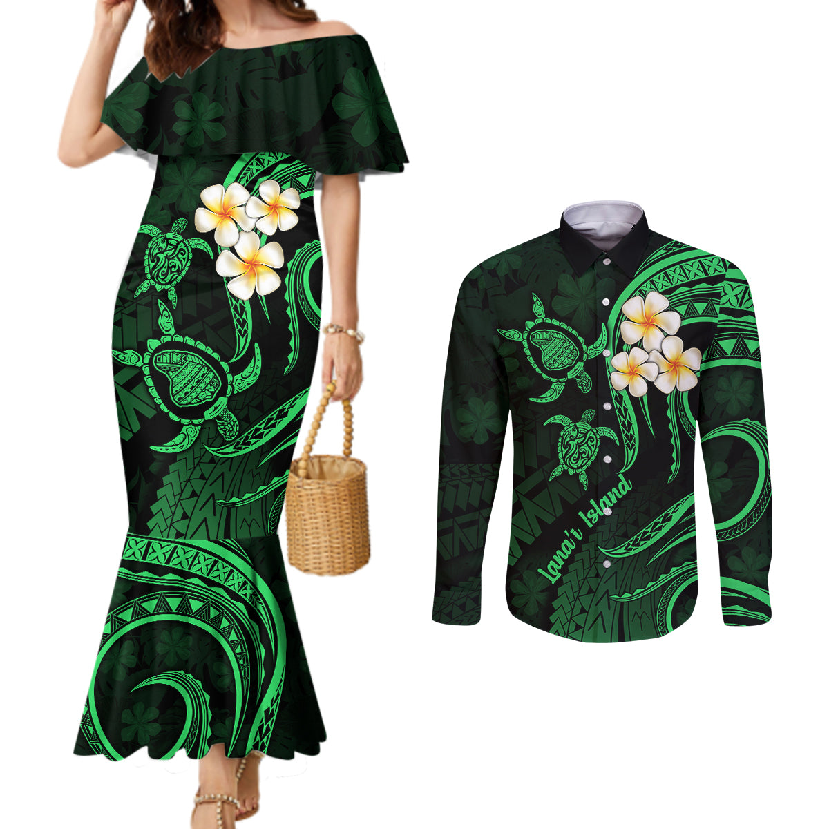 hawaii-couples-mermaid-dress-and-long-sleeve-button-shirts-lanai-islands-polynesian-sunset-plumeria-green-vibe