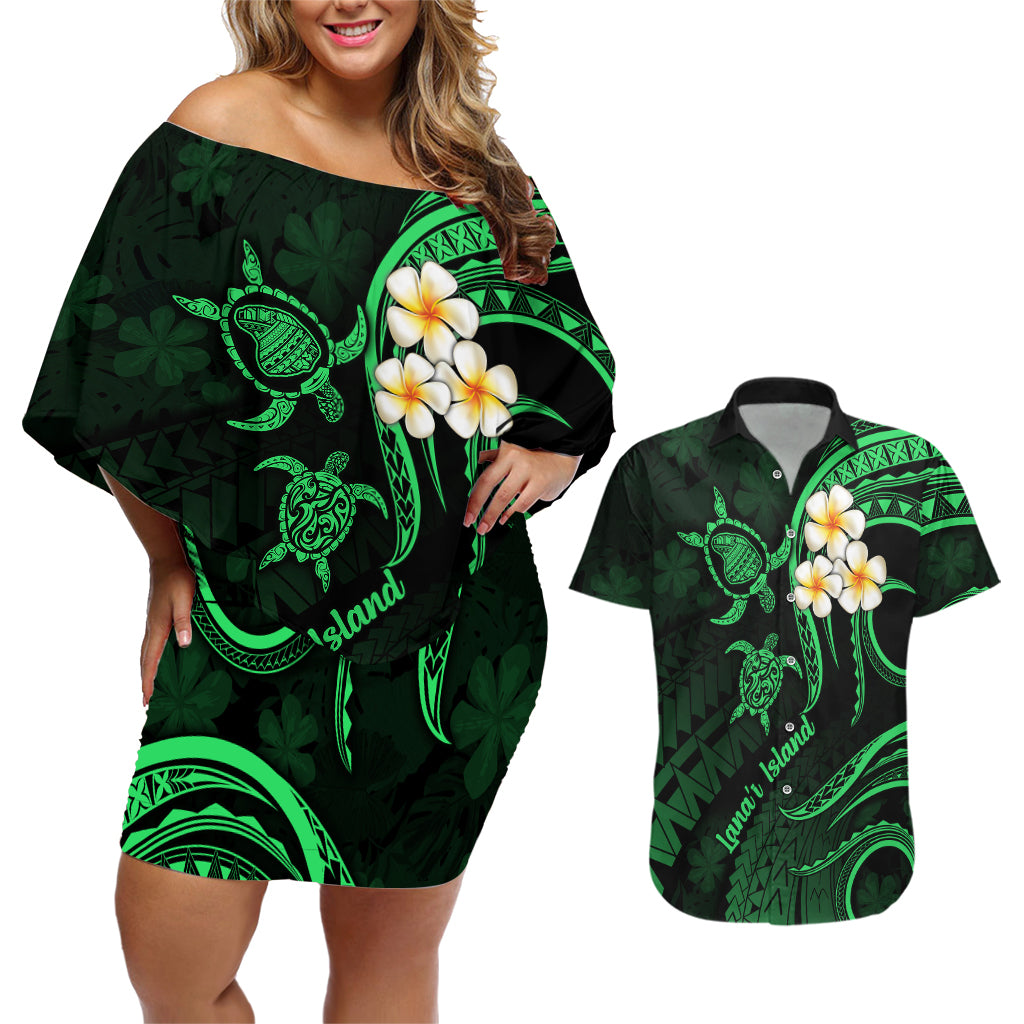 Hawaii Couples Off Shoulder Short Dress and Hawaiian Shirt Lanai Islands Polynesian Sunset Plumeria Green Vibe LT9 - Wonder Print Shop