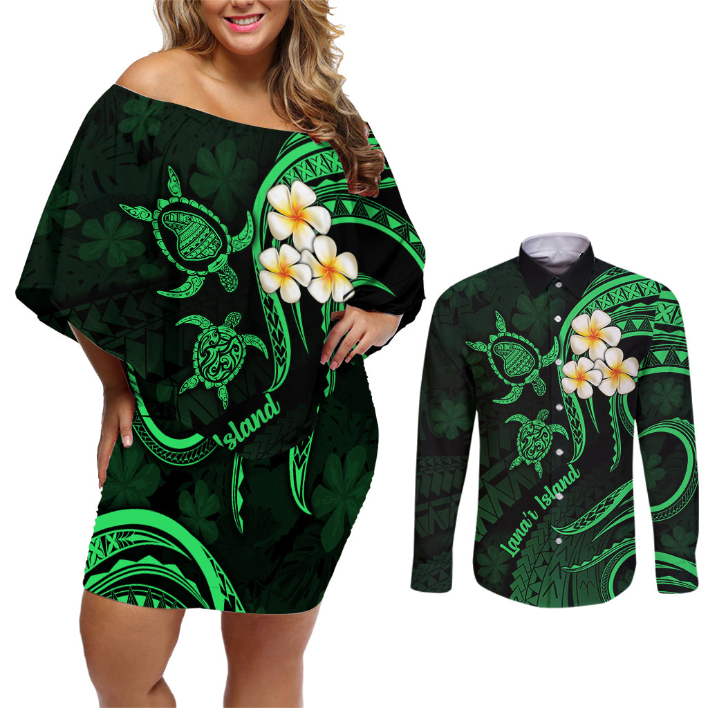 Hawaii Couples Off Shoulder Short Dress and Long Sleeve Button Shirts Lanai Islands Polynesian Sunset Plumeria Green Vibe LT9 - Wonder Print Shop