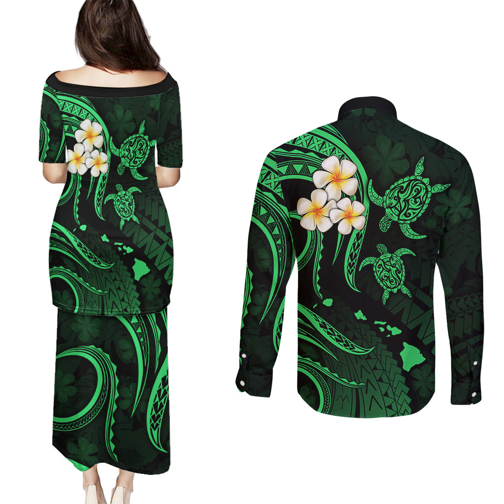 Hawaii Couples Puletasi Dress and Long Sleeve Button Shirts Lanai Islands Polynesian Sunset Plumeria Green Vibe LT9 - Wonder Print Shop