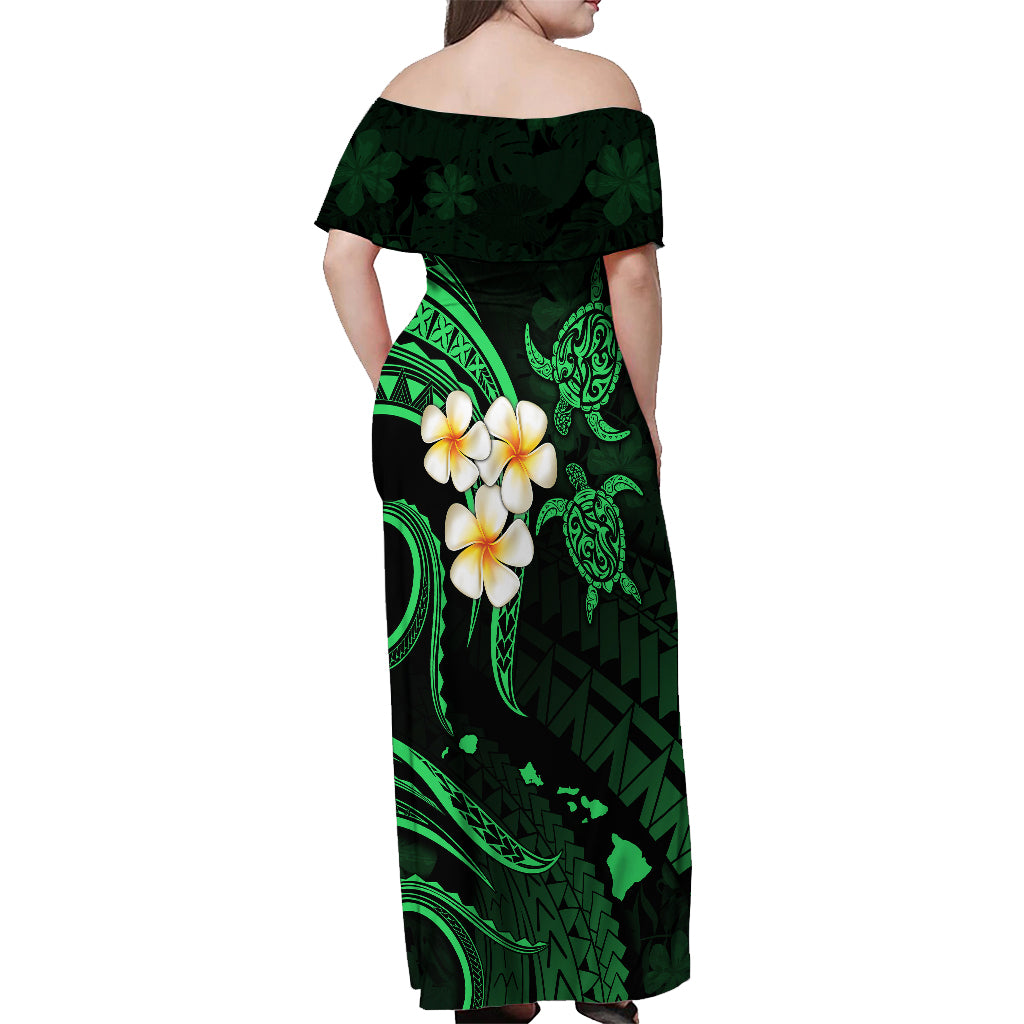 Hawaii Off Shoulder Maxi Dress Lanai Islands Polynesian Sunset Plumeria Green Vibe - Wonder Print Shop