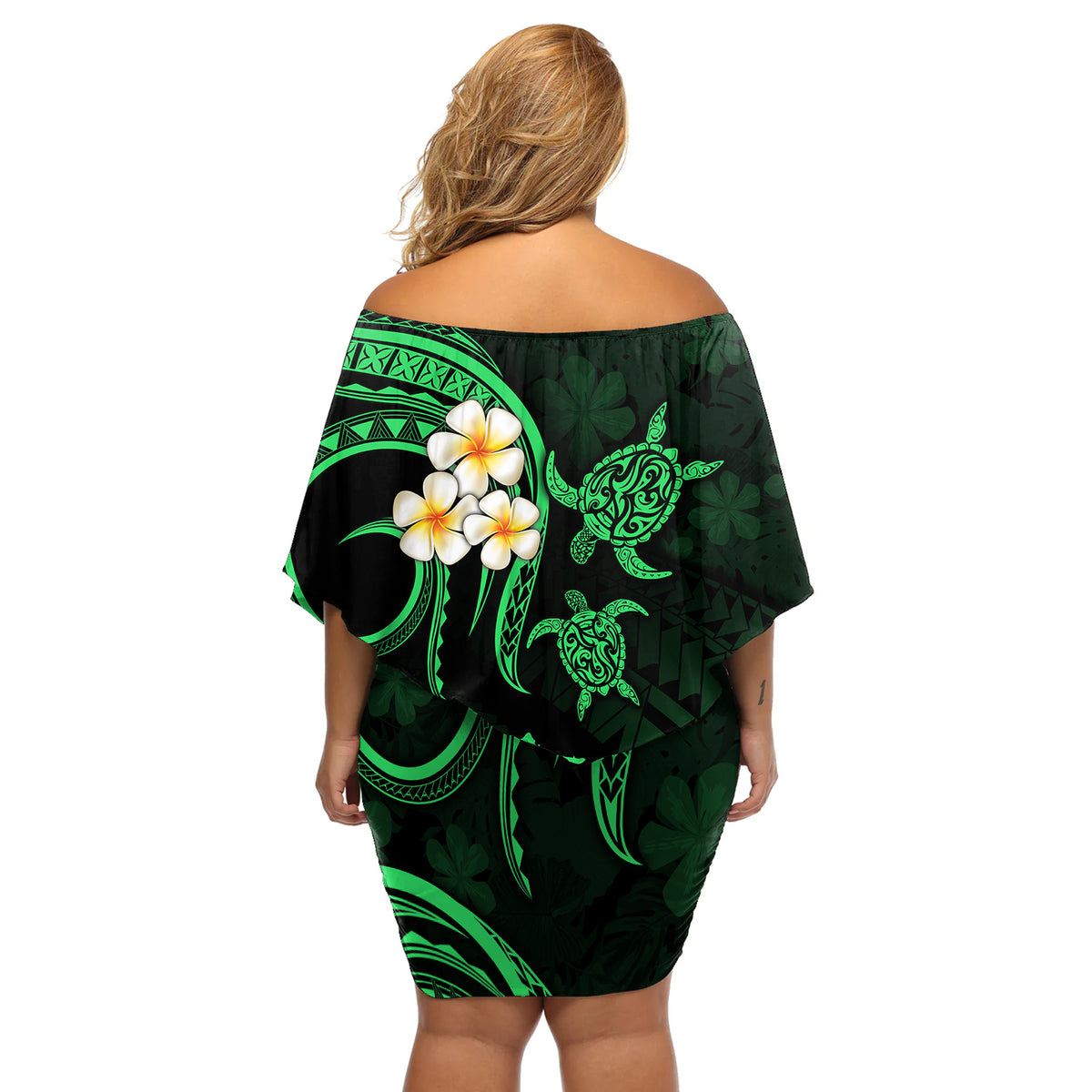 Hawaii Off Shoulder Short Dress Lanai Islands Polynesian Sunset Plumeria Green Vibe - Wonder Print Shop