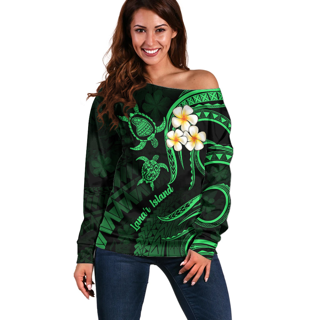 Hawaii Off Shoulder Sweater Lanai Islands Polynesian Sunset Plumeria Green Vibe - Wonder Print Shop