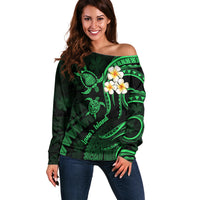 Hawaii Off Shoulder Sweater Lanai Islands Polynesian Sunset Plumeria Green Vibe - Wonder Print Shop
