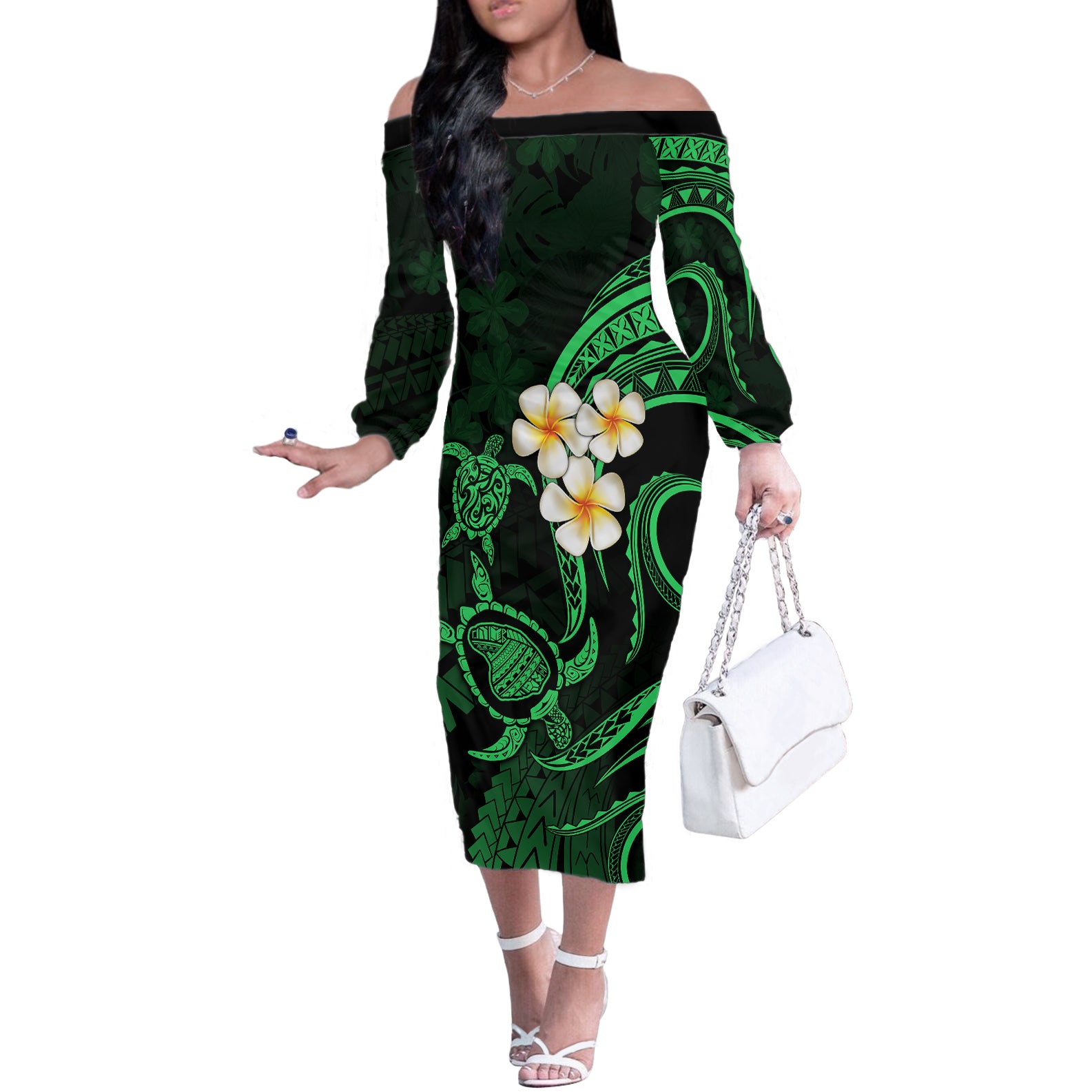 Hawaii Off The Shoulder Long Sleeve Dress Lanai Islands Polynesian Sunset Plumeria Green Vibe - Wonder Print Shop